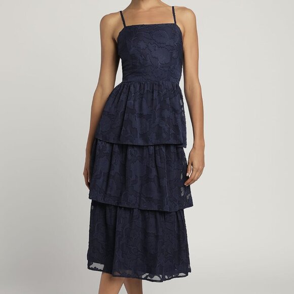 NWT Grace and Beauty Navy Blue Burnout Floral Print Tiered Dress - Picture 1 of 9